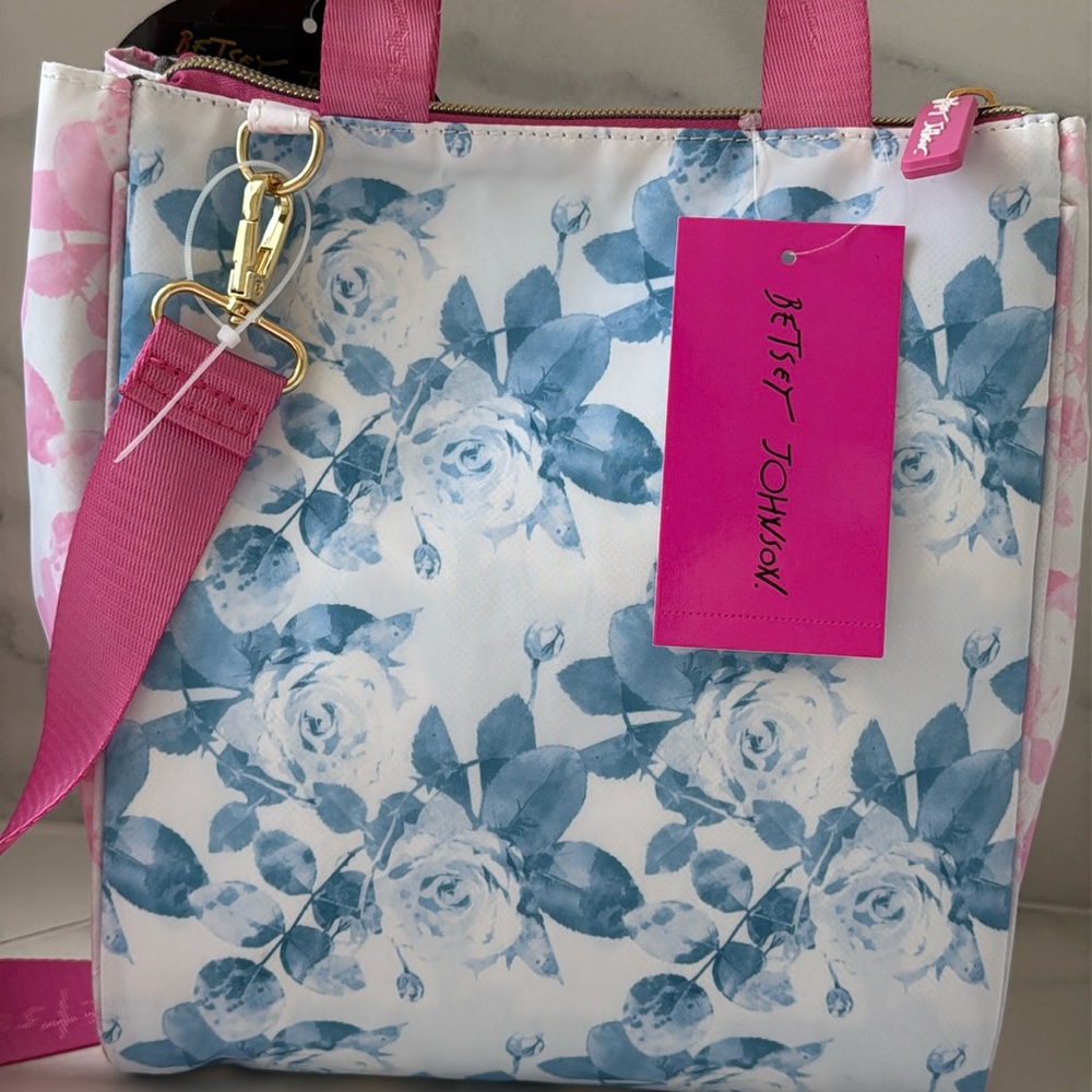 NEW Betsey Johnson floral blue pink tote lunch bag - Picture 6 of 11